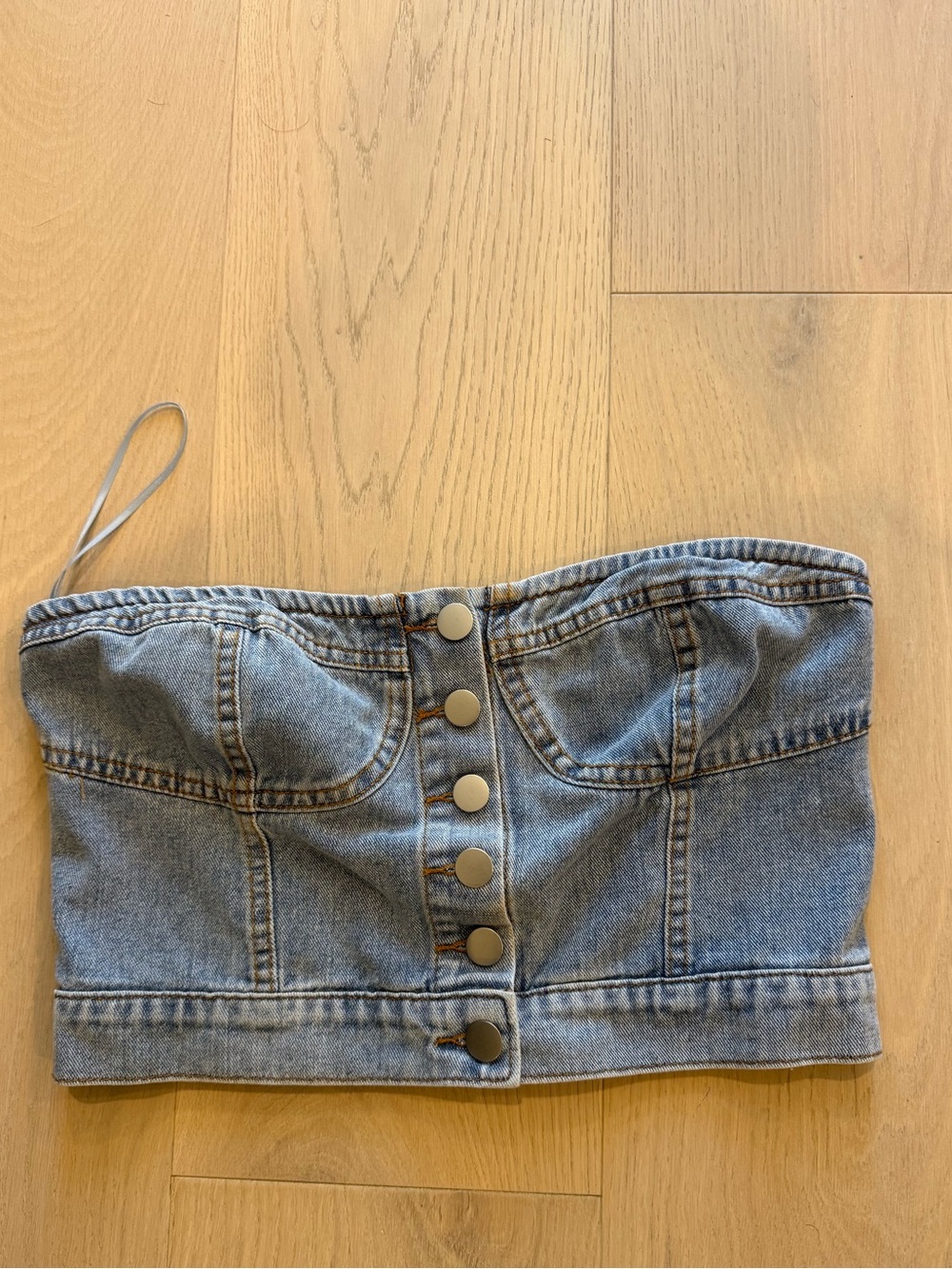 Denim Button-Front Kids Strapless Crop Top - Light Blue
